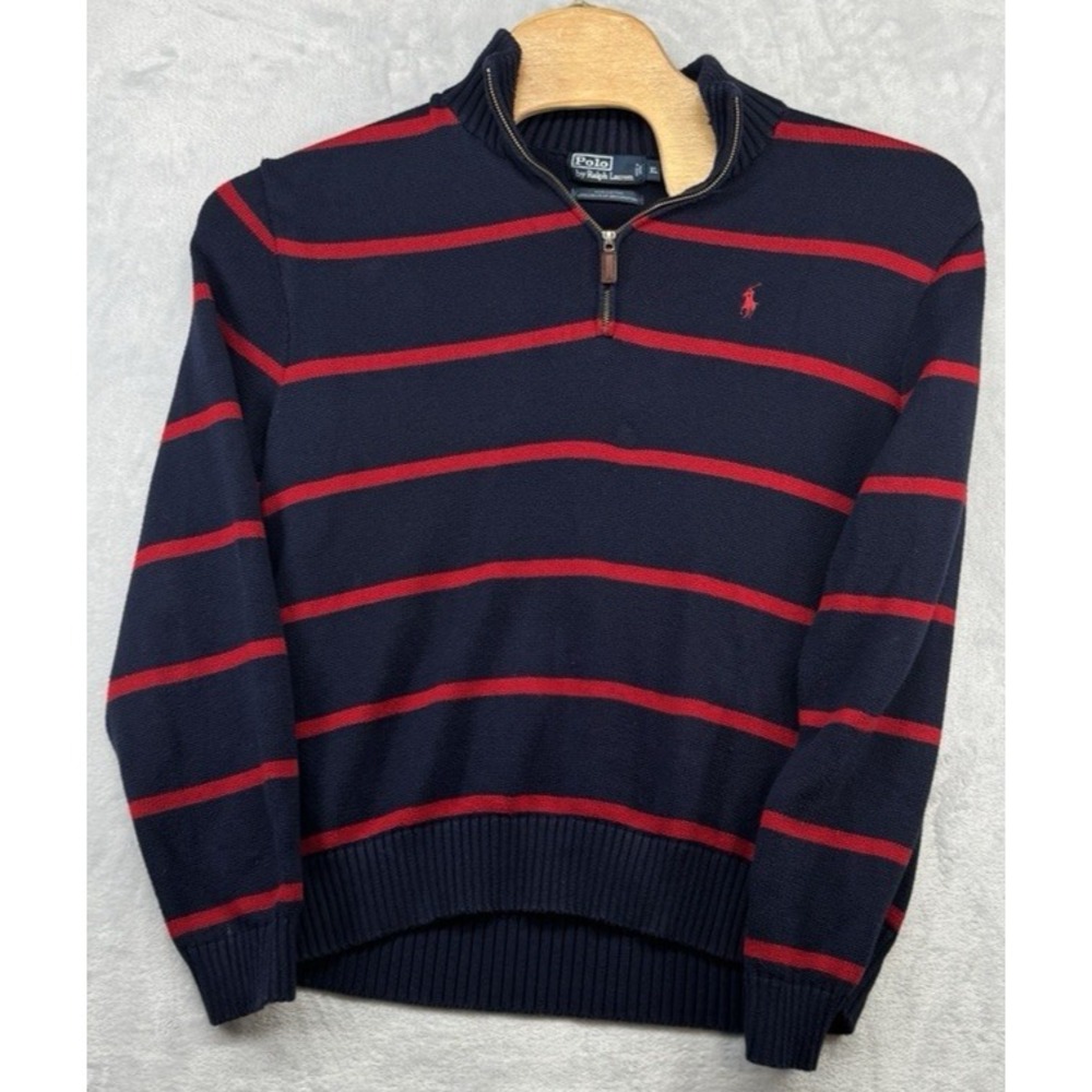 Vintage Polo Ralph Lauren Sweater Blue Red Striped 1/4 Zip Pullover Men's XL
